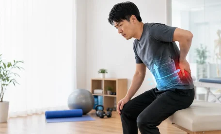 腰に手を当て、体幹の不安定さによる腰痛に悩む男性