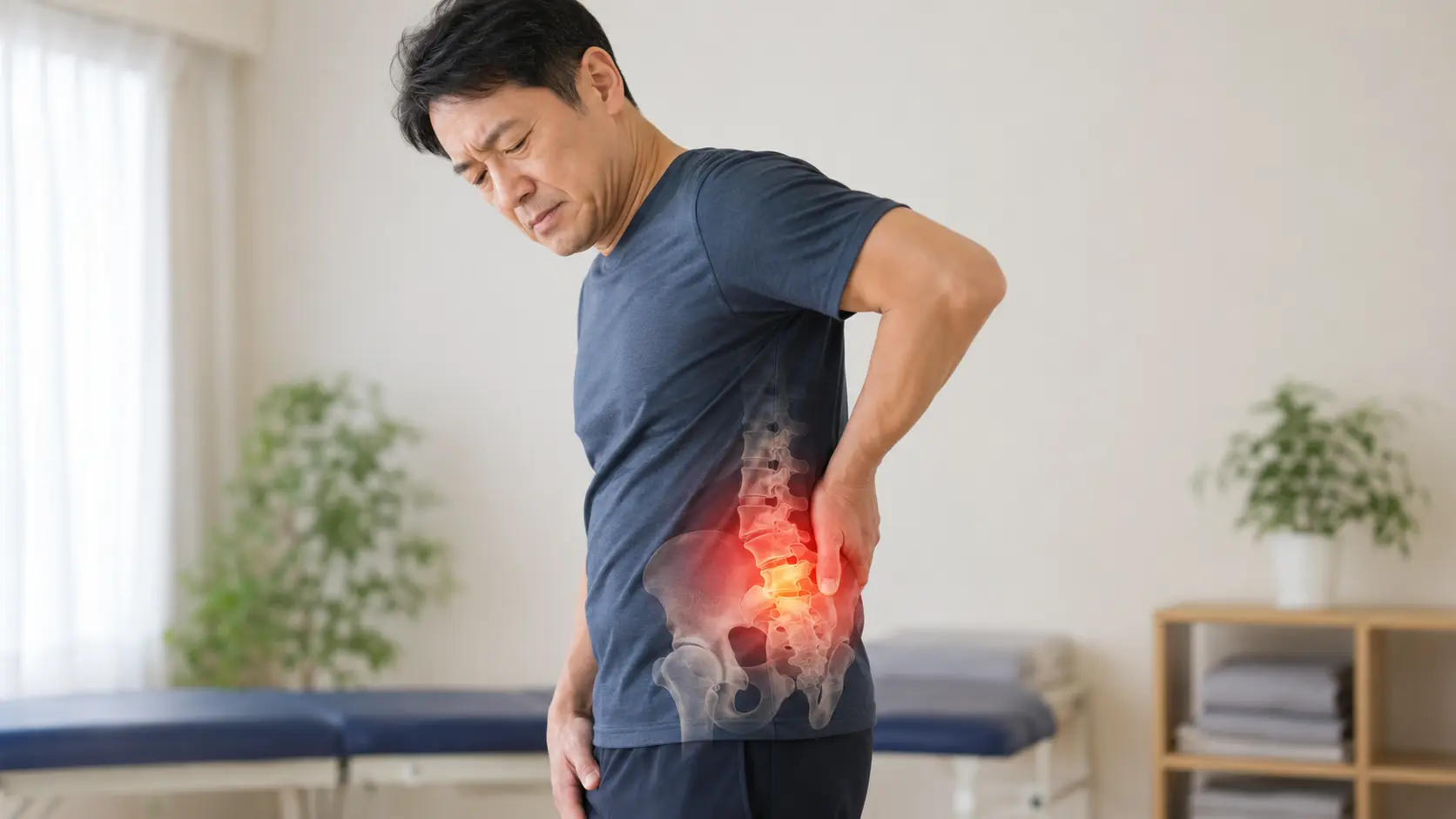 腰に手を当て、腰椎や骨盤まわりの痛みに悩む男性。日野市で腰椎すべり症と腰痛に悩む方へ向けたブログ画像