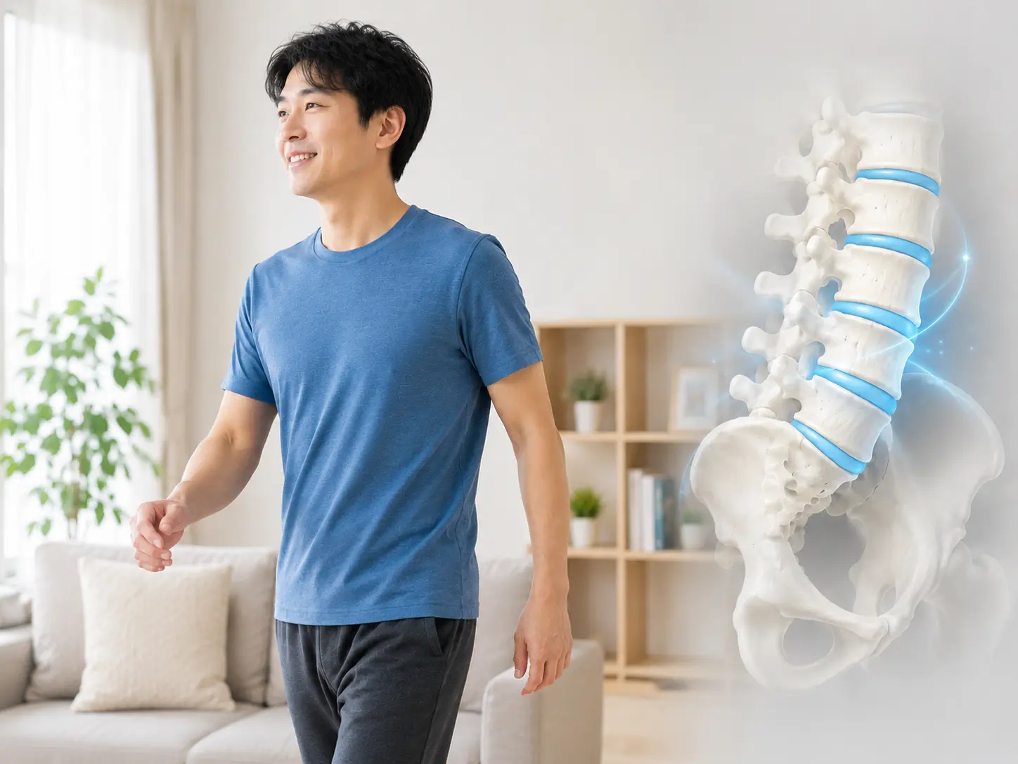 腰の状態が整い、笑顔で歩く男性と腰椎・椎間板のイメージ