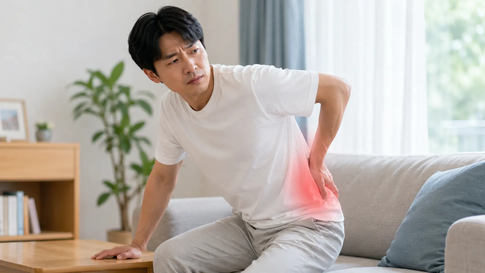 立ち上がる際に腰へ手を当て、痛みの動作が定まらない腰痛に悩む男性。日野市で原因がわかりにくい腰痛に悩む方へ向けたブログ画像