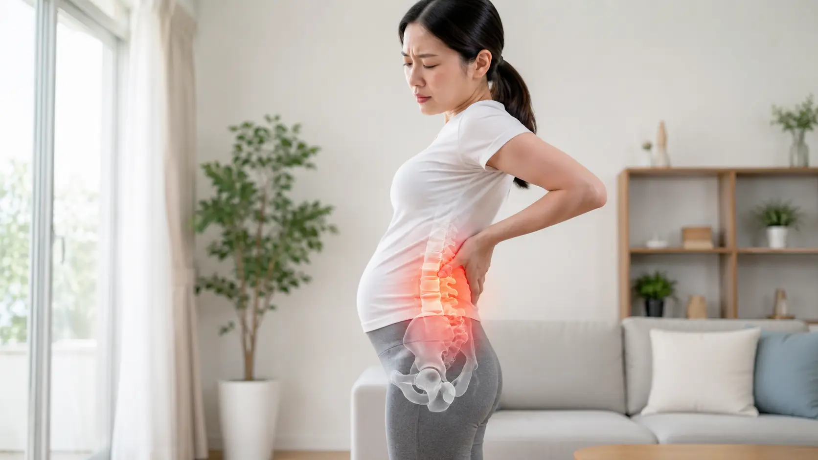 腰に手を当て、腰椎や骨盤まわりの痛みに悩む女性。日野市で反り腰や腰痛に悩む方へ向けたブログ画像