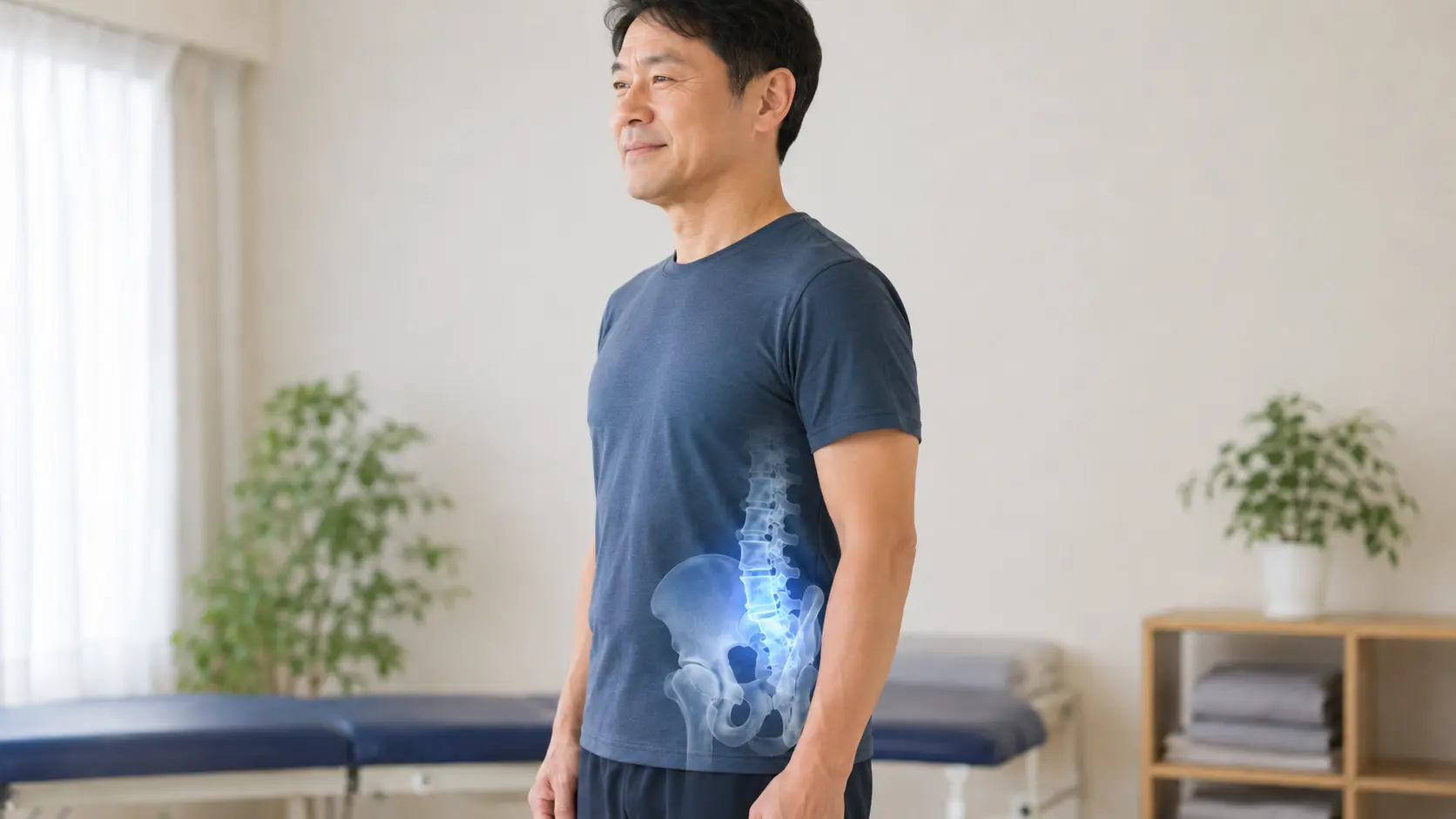 腰や骨盤まわりの状態が整い、明るい表情で立つ男性。腰椎すべり症による腰痛の再発予防イメージ