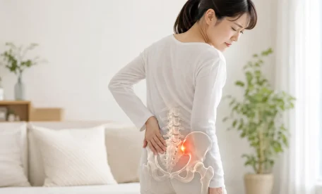 腰から骨盤の後ろ側に手を当て、仙腸関節周辺の痛みに悩む女性