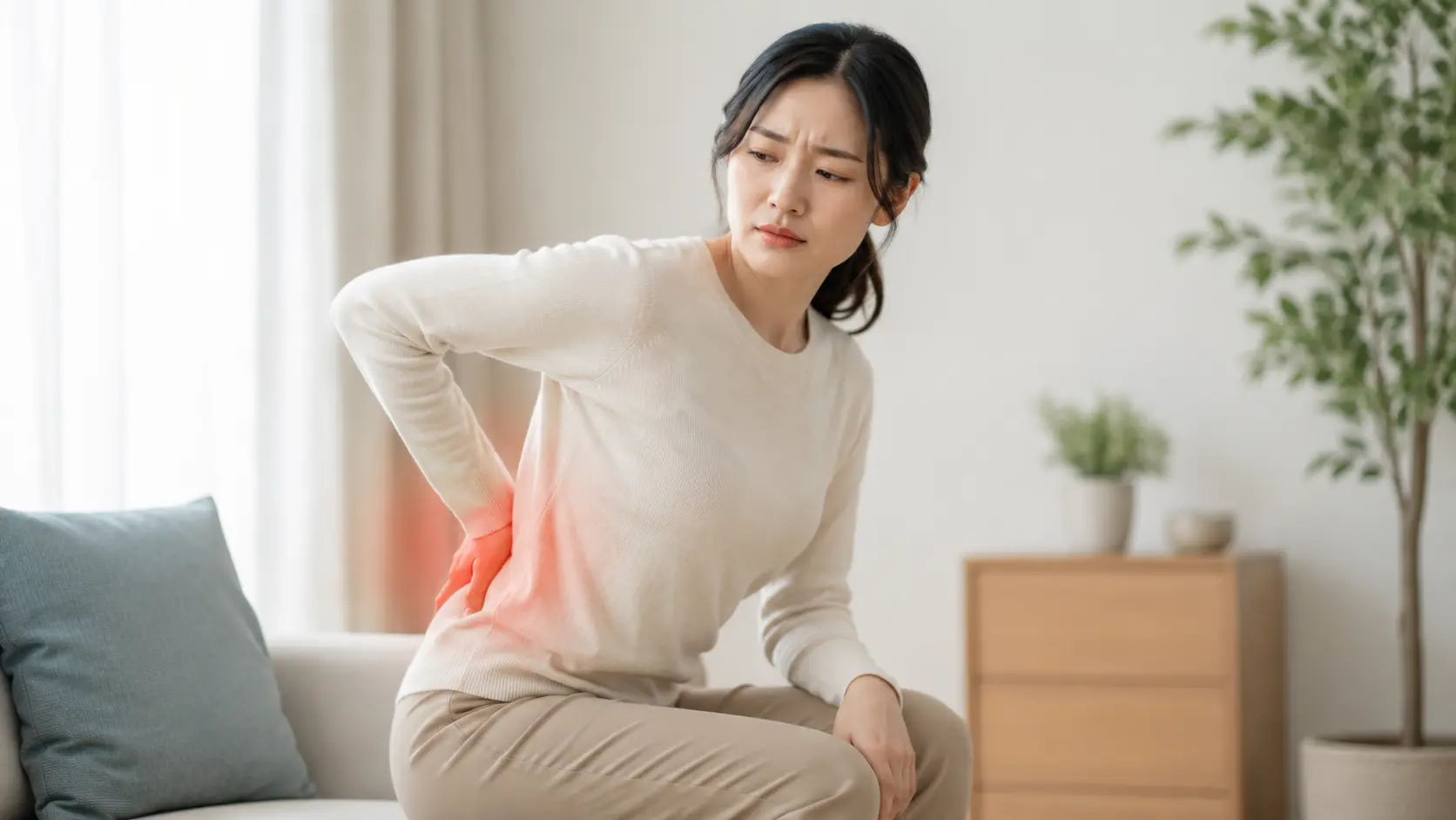 ソファから立ち上がる際に腰へ手を当て、痛みを感じる女性。痛い動作が定まらない腰痛の原因を解説