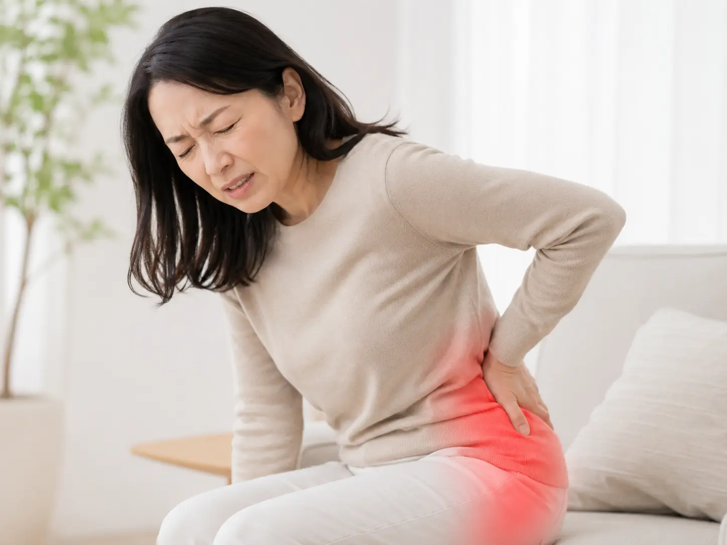 坐骨神経痛による腰からお尻・太ももにかけての痛みに悩む女性