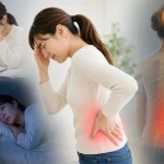 ストレスや睡眠不足を抱え、腰の痛みに悩む女性と自律神経のイメージ