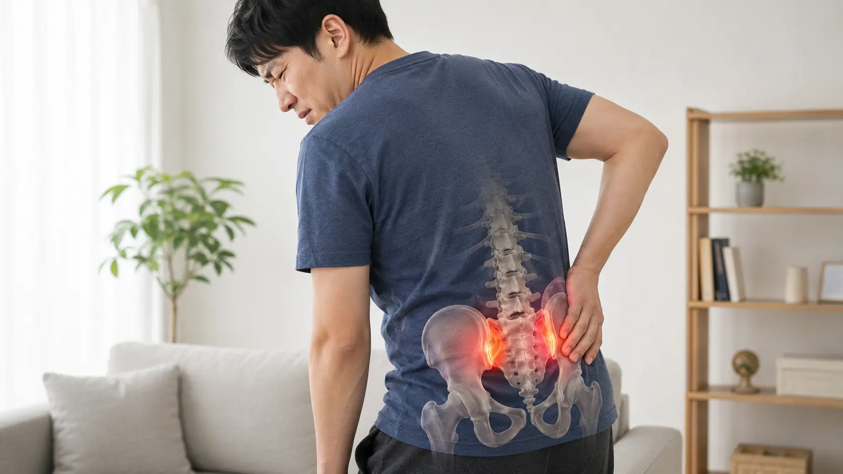 骨盤の後ろ側に手を当て、仙腸関節周辺の痛みに悩む男性。仙腸関節の場所を説明するブログ画像