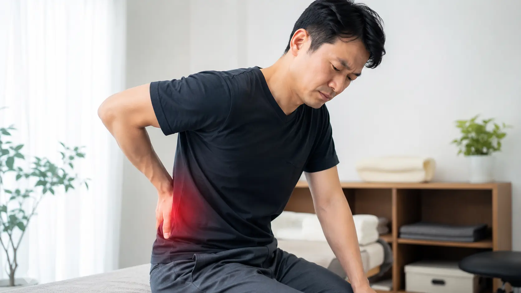 腰からお尻にかけて痛みを感じ、つらそうに腰を押さえる男性。日野市で坐骨神経痛・腰痛にお悩みの方へ、整骨院で原因と改善方法を解説する記事のアイキャッチ画像。