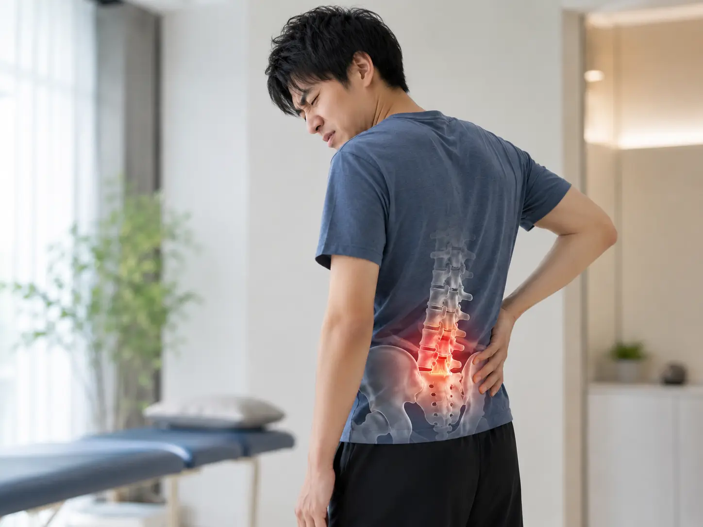 腰に手を当て、腰椎周辺の強い痛みに悩む男性