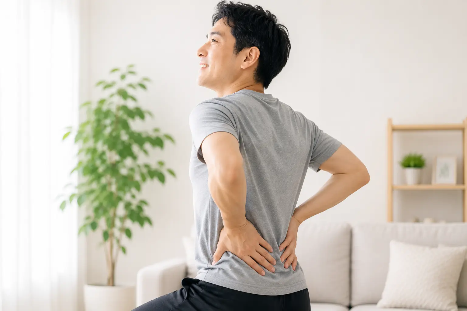 腰の状態が整い、笑顔で腰を伸ばす男性