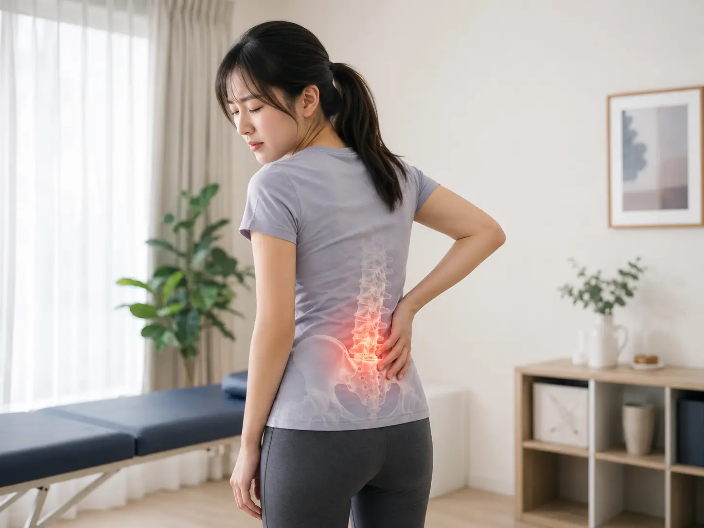 腰に手を当て、腰椎から骨盤周辺の痛みに悩む女性