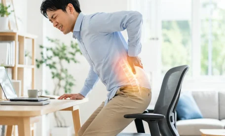 デスクワーク中の男性が、長時間座った後に椅子から立ち上がる瞬間に腰の痛みを感じているイメージ。ホームオフィスの室内で、立ち上がり時の腰への負担やデスクワーク後の腰痛を表現した整骨院ブログのアイキャッチ画像。