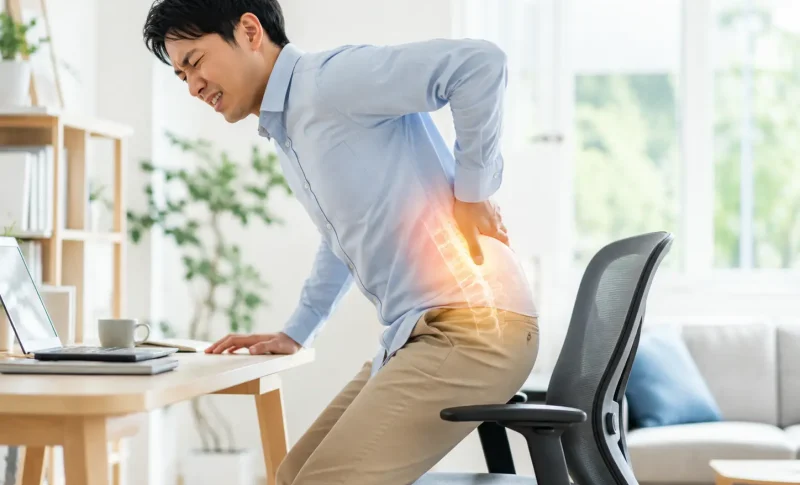 デスクワーク中の男性が、長時間座った後に椅子から立ち上がる瞬間に腰の痛みを感じているイメージ。ホームオフィスの室内で、立ち上がり時の腰への負担やデスクワーク後の腰痛を表現した整骨院ブログのアイキャッチ画像。