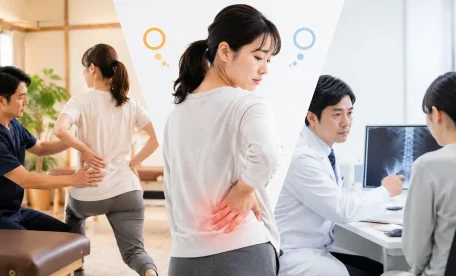 腰痛に悩む女性を中心に、左に整骨院で腰の状態を確認する場面、右に病院で医師がレントゲン画像を見ながら説明する場面を配置したイメージ。腰痛を整骨院に相談する場合と病院を優先すべき場合の違いを表現したアイキャッチ画像。