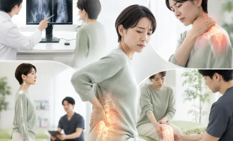 病院でレントゲン検査では異常なしと言われたものの、腰や首、膝の痛みが続いて悩む女性のイメージ。整骨院で姿勢や動き、関節や筋肉の状態を確認しながら次の対処を考える様子を表現したコラージュ画像。