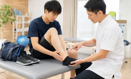 スポーツウェア姿の若い男性が足首の軽い痛みを気にしながらベッドに座り、整骨院の施術者が足首の状態を確認しているイメージ。日野市でスポーツ中の軽いケガや痛みを整骨院に相談してよいかを解説するブログのアイキャッチ画像。