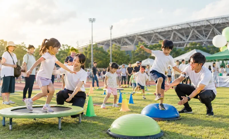 八王子富士森競技場の屋外イベント会場で、子どもたちがトランポリンやバランスボールを使った運動体験を楽しみ、からだケア整骨院のスタッフがサポートしている様子を表したアイキャッチ画像。家族連れや来場者が周囲で見守り、地域イベントのにぎやかで明るい雰囲気が伝わる。