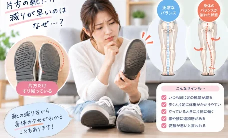片方の靴底だけ減っているスニーカーを確認する女性｜歩き方や体重のかけ方による左右差