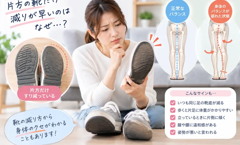 片方の靴底だけ減っているスニーカーを確認する女性｜歩き方や体重のかけ方による左右差