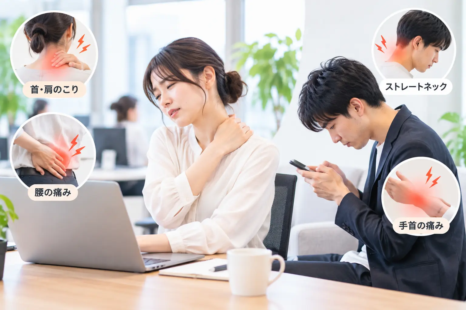 デスクワークやスマホ操作による首・肩こり、腰痛、ストレートネック、手首の痛みなどの身体の悩みをイメージした日本人男女の画像