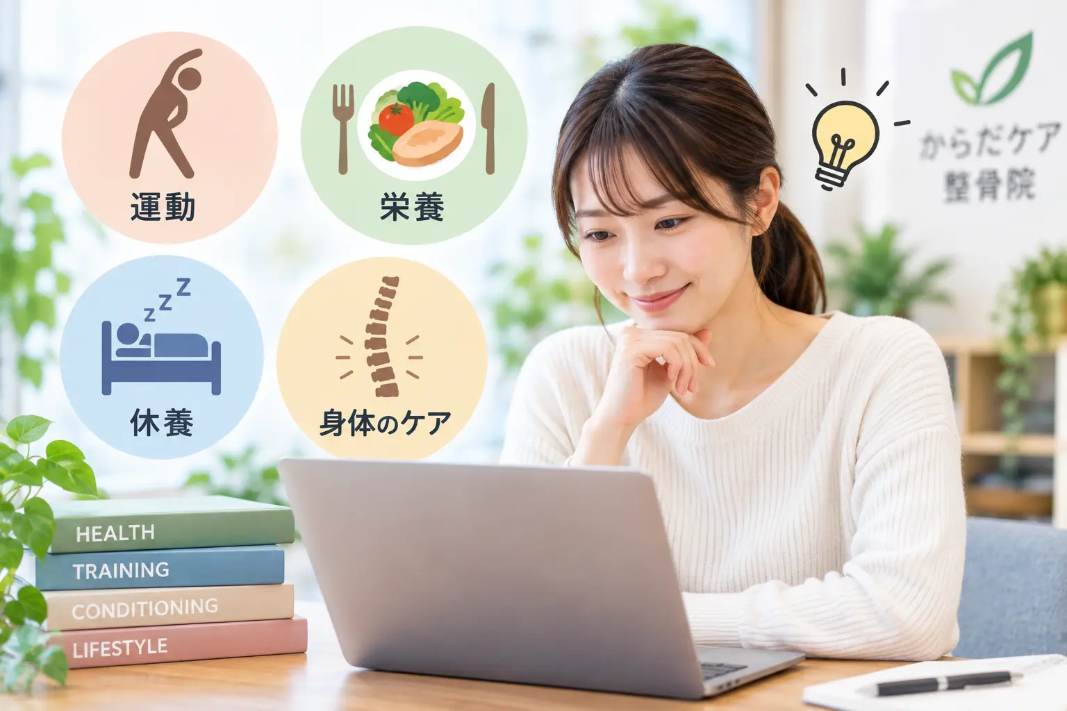 運動・栄養・休養・身体のケアなどの健康情報をパソコンで確認する日本人女性をイメージした画像