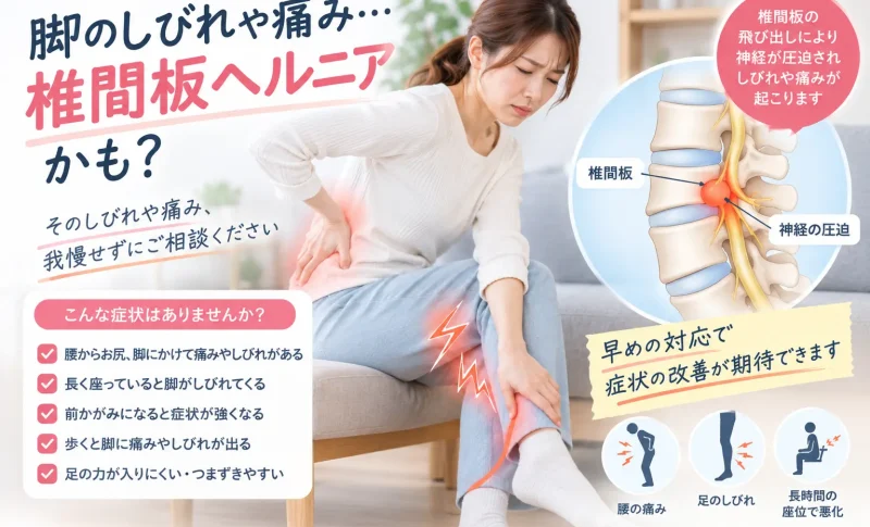 腰から脚にかけて痛みやしびれを感じる女性と椎間板による神経圧迫のイメージ｜腰椎椎間板ヘルニア