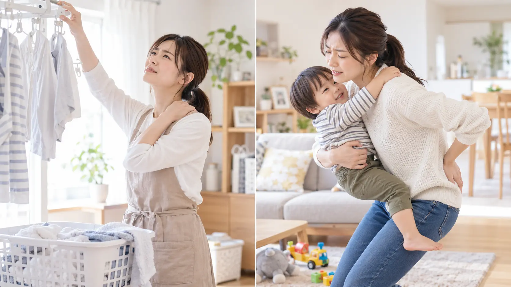 洗濯物を干す時に肩の負担を感じる女性と、子どもを抱き上げて腰に負担を感じる母親の様子