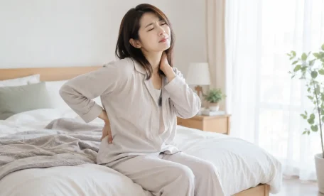 朝起きた時に首と腰のこわばりを感じ、ベッドの上で首と腰を押さえる女性｜朝の身体のガチガチ感
