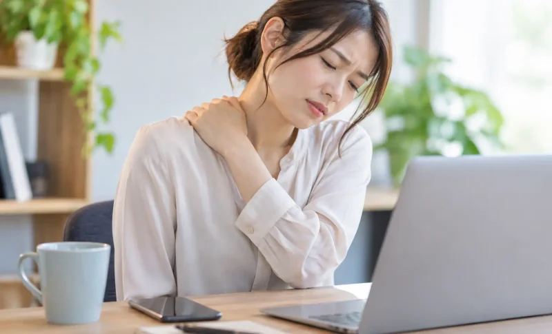 スマホやパソコン作業のあとに首・肩の重さを感じ、肩を押さえる女性｜デスクワークによる首肩の負担