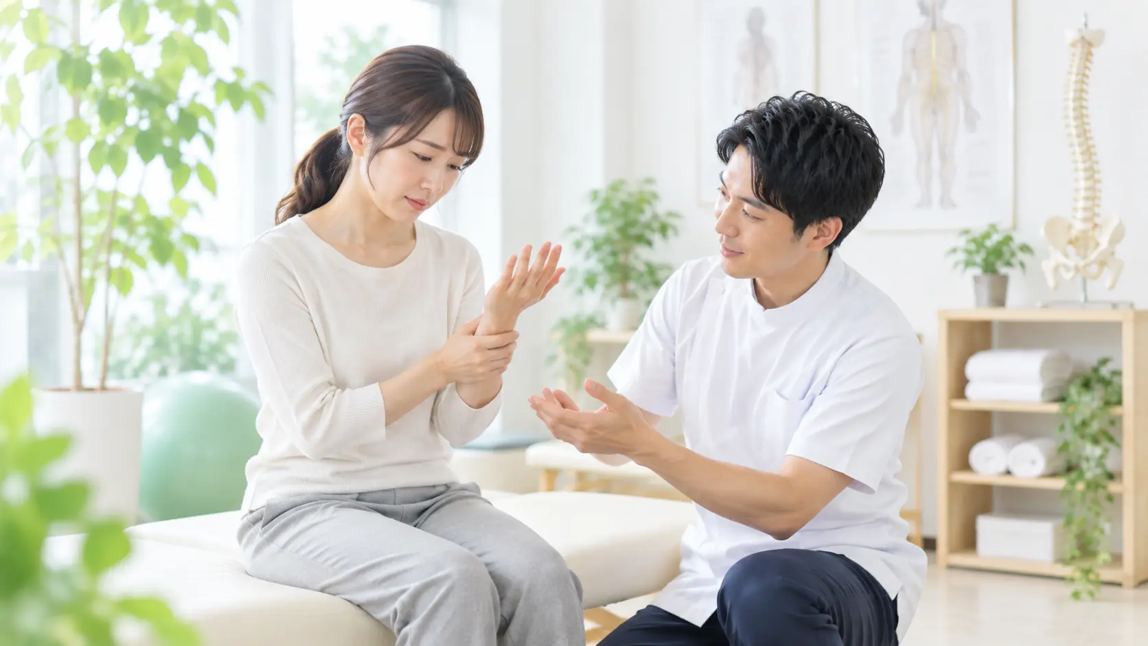 手のしびれや違和感について、からだケア整骨院の施術スタッフに相談する日本人女性