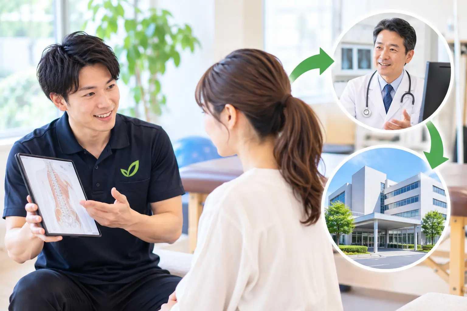 からだケア整骨院で身体の状態を確認し、必要に応じて医師や医療機関と連携・紹介する流れをイメージした画像