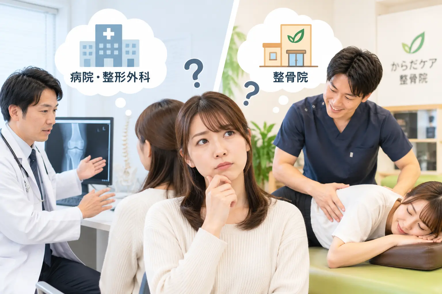 身体の痛みや不調について、病院・整形外科と整骨院のどちらに相談するか悩む日本人女性をイメージした画像