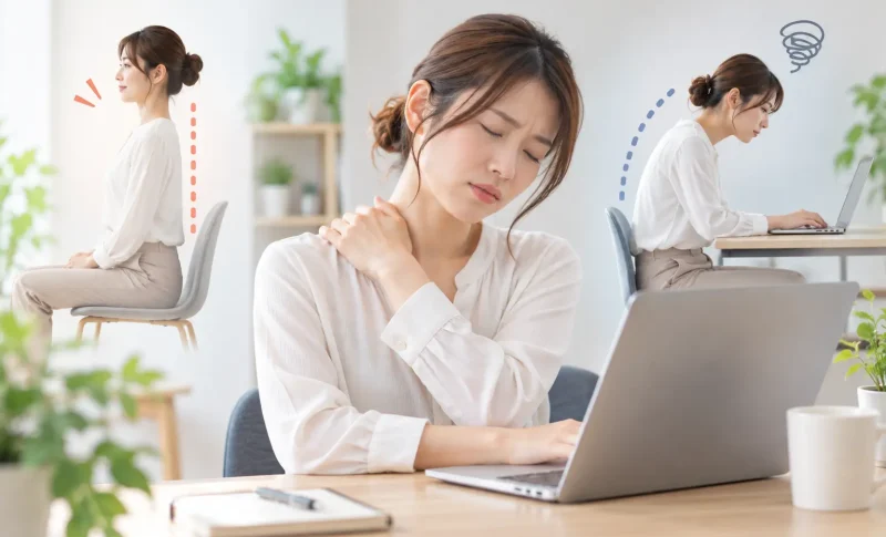 姿勢を良くしようとして首や肩に疲れを感じる女性｜良い姿勢を意識した時の身体への負担