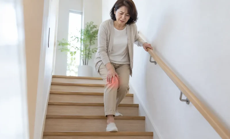 階段を降りる際に膝の痛みを感じ、膝を押さえる女性｜階段下降時の膝痛