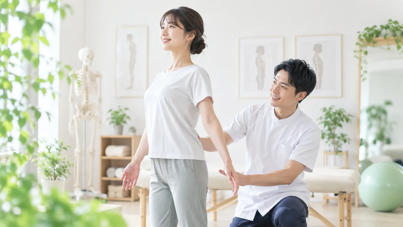 からだケア整骨院で姿勢や身体の使い方を確認しながら、施術スタッフから姿勢指導を受ける日本人女性