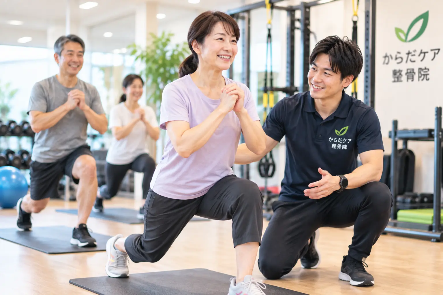 からだケア整骨院で、スタッフのサポートを受けながら運動不足解消や健康づくりを目的としたトレーニングを行う大人の男女