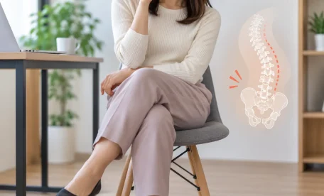 椅子に座って足を組む女性と骨盤・背骨のイメージ｜足を組みたくなる姿勢や身体の使い方