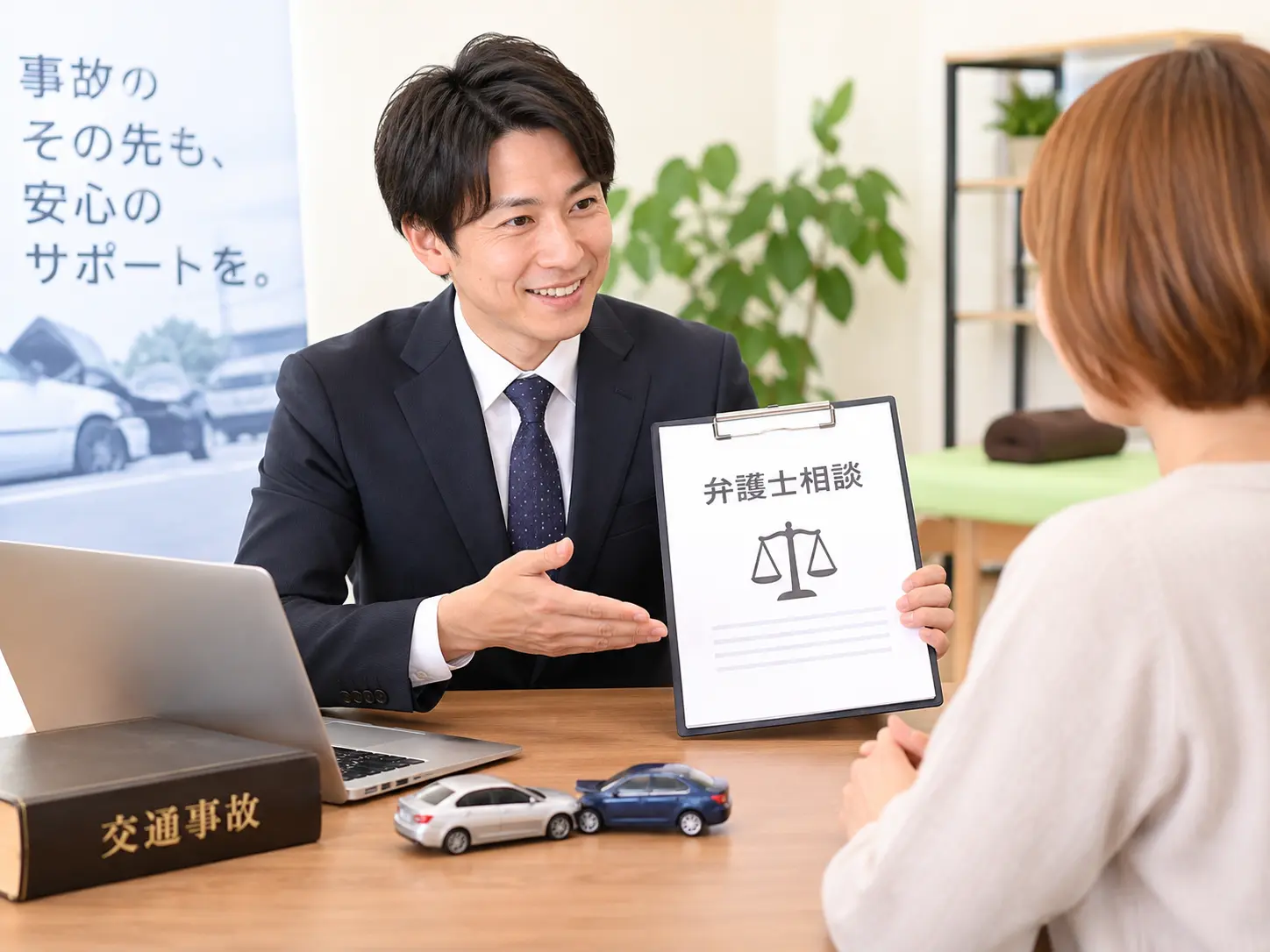 交通事故後の対応について、弁護士から相談や弁護士特約の説明を受ける女性の様子。