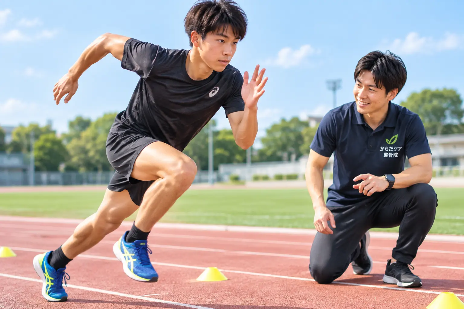 陸上競技場で、スタッフのサポートを受けながら走り方や瞬発力を意識したトレーニングを行う日本人男性
