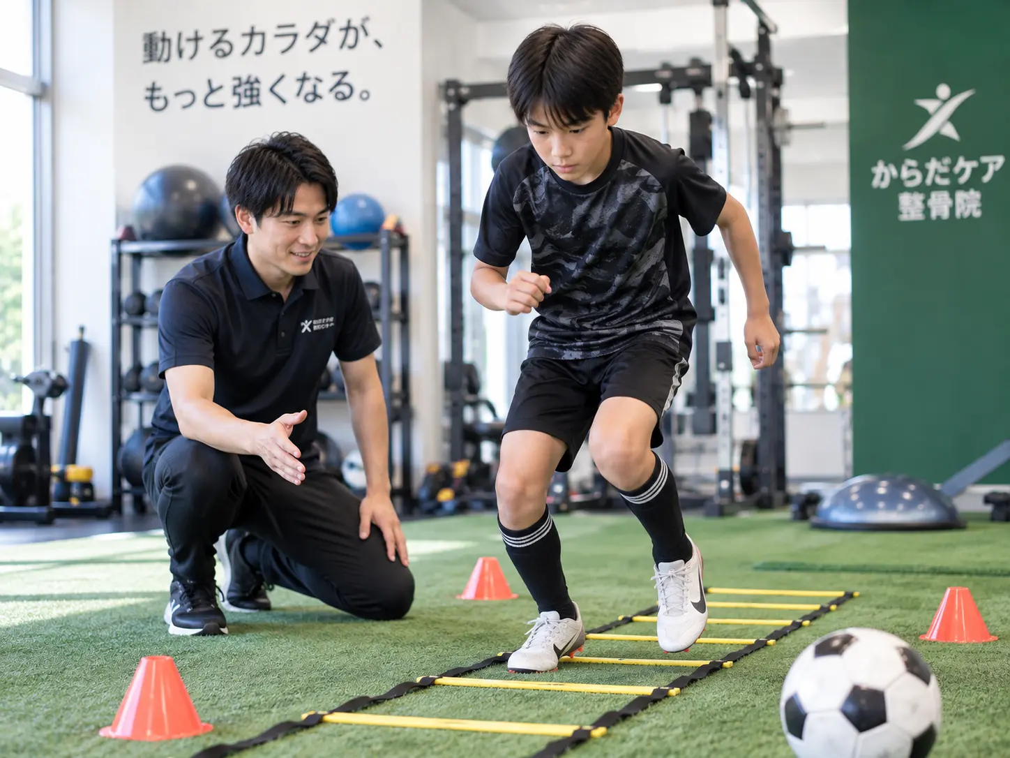 サッカー選手がスタッフの指導を受けながら、ラダーを使って俊敏性やフットワークのトレーニングを行う様子。